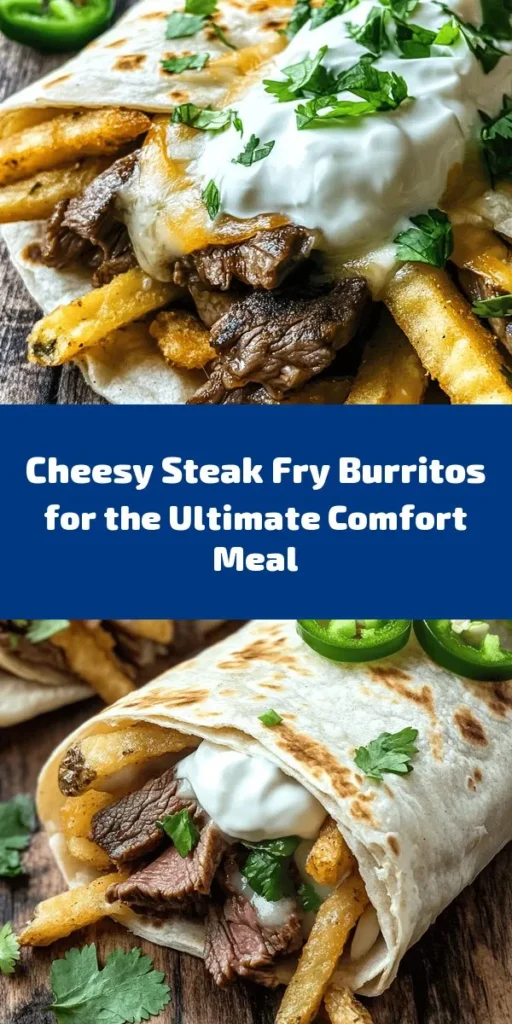 Get ready to indulge in Steak & Cheese Dirty Fry Burritos! These flavorful burritos are packed with seasoned flank steak, crispy fries, and melted cheese, all wrapped up in a warm tortilla. Perfect for a quick dinner or a fun treat, they're sure to delight your taste buds. Top with sour cream, fresh cilantro, and jalapeños for an extra kick! Easy to make in under an hour, these burritos are perfect for any occasion. Enjoy every cheesy bite!