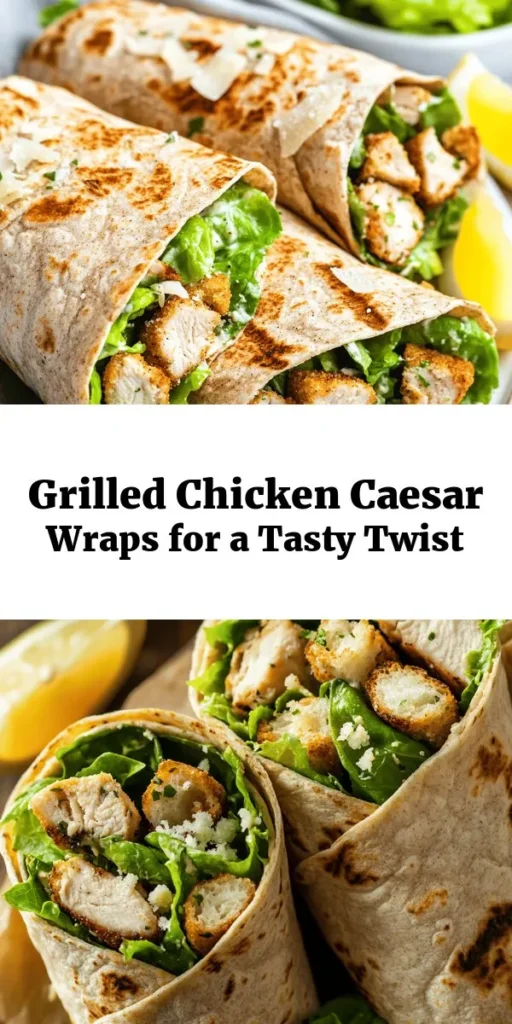 Savor the flavors of a delicious Grilled Chicken Caesar Wrap Delight! This recipe combines juicy grilled chicken, crisp Romaine lettuce, and creamy Caesar dressing all wrapped in a wholesome whole wheat tortilla. Perfect for a quick lunch or a satisfying dinner, it takes just 30 minutes to prepare. Top it off with grated Parmesan and crushed croutons for an extra crunch. Serve with lemon wedges for a refreshing twist. Enjoy this healthy and tasty wrap!