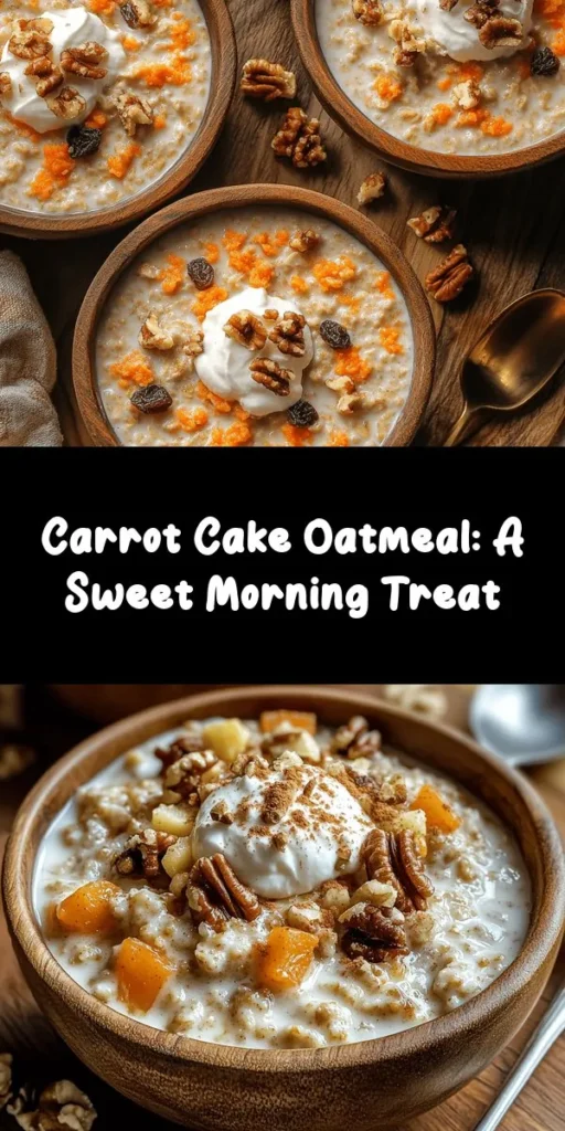 Start your day off right with this delicious Carrot Cake Oatmeal Delight! This healthy twist on a classic combines rolled oats with grated carrots, crushed pineapple, nuts, and warm spices for a comforting breakfast. It's quick to prepare, taking only 15 minutes, and can be customized with your favorite toppings like cream cheese, raisins, or cranberries. Perfect for a cozy morning or a meal prep option that’s both nutritious and satisfying. Enjoy a bowlful of goodness!
