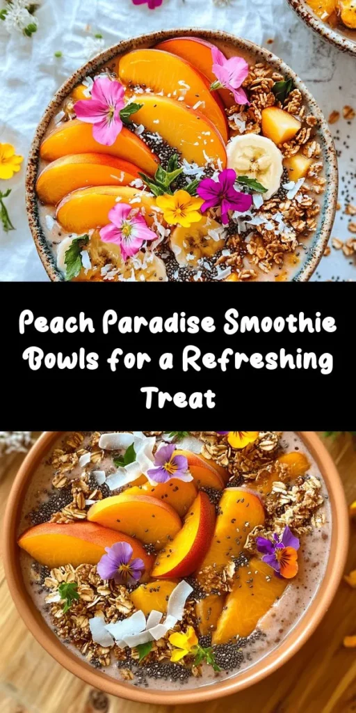Dive into summer with these refreshing Peach Paradise Smoothie Bowls! Made with ripe peaches, bananas, and creamy Greek yogurt, this delicious bowl is a perfect blend of sweetness and nutrition. Customize with your favorite toppings like granola, chia seeds, and fresh fruits, and don’t forget the edible flowers for a stunning finish! Ready in just 10 minutes, it’s a quick and healthy way to start your day or enjoy as a snack. Indulge in a taste of paradise!