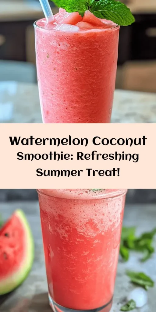 Beat the heat with this refreshing watermelon smoothie made with coconut water! Perfect for summer days, this recipe combines ripe watermelon, frozen banana, creamy Greek yogurt, and a splash of lime juice for a delicious treat. Just blend your ingredients until smooth, and add ice for a thicker texture if you like. Garnish with fresh mint for an extra pop of flavor. Enjoy this tasty drink in just 10 minutes and stay cool all season long!