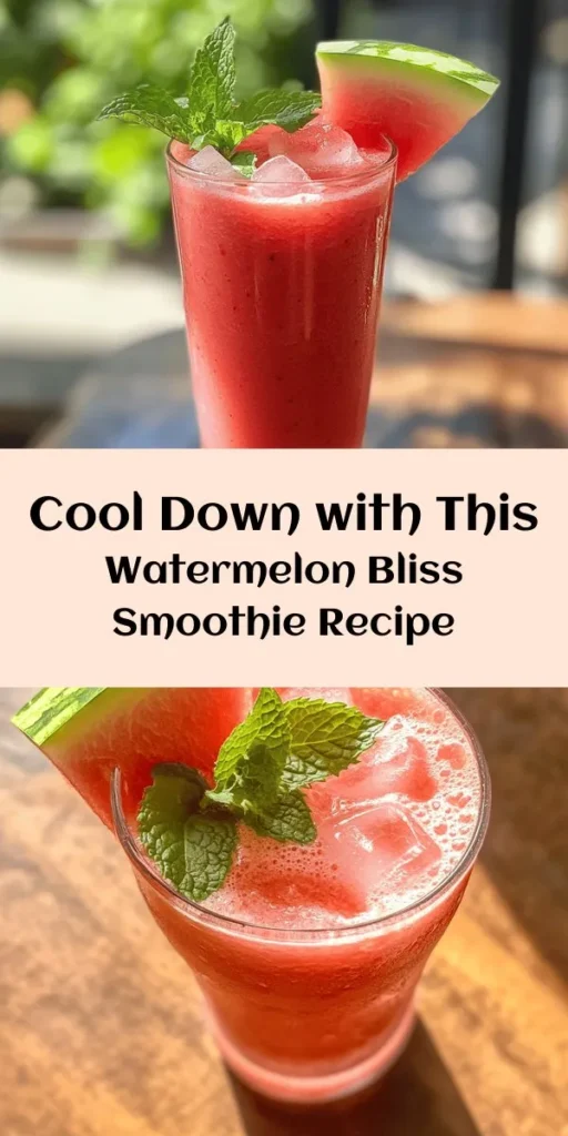 Beat the heat with this Refreshing Watermelon Bliss Smoothie! 🍉🥤 Made with juicy watermelon, frozen banana, coconut yogurt, and a splash of almond milk, this creamy blend is perfect for summer. Just throw your ingredients in a blender, taste, adjust the sweetness, and enjoy! Easy to make in just 10 minutes, it’s a delicious and healthy way to stay cool. Garnish with mint for an extra refreshing twist. Perfect for warm days!