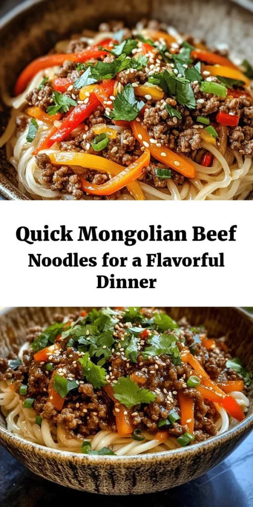Whip up a delicious dinner in no time with this stunning Mongolian Ground Beef Noodles recipe! Featuring savory ground beef, tender noodles, and vibrant veggies, this dish is packed with flavor. The perfect blend of soy sauce, hoisin, and sesame oil creates a mouthwatering sauce that ties everything together. Ready in just 25 minutes, it's ideal for busy weeknights and sure to impress the whole family. Don’t forget to garnish with sesame seeds and fresh cilantro for that extra zing!