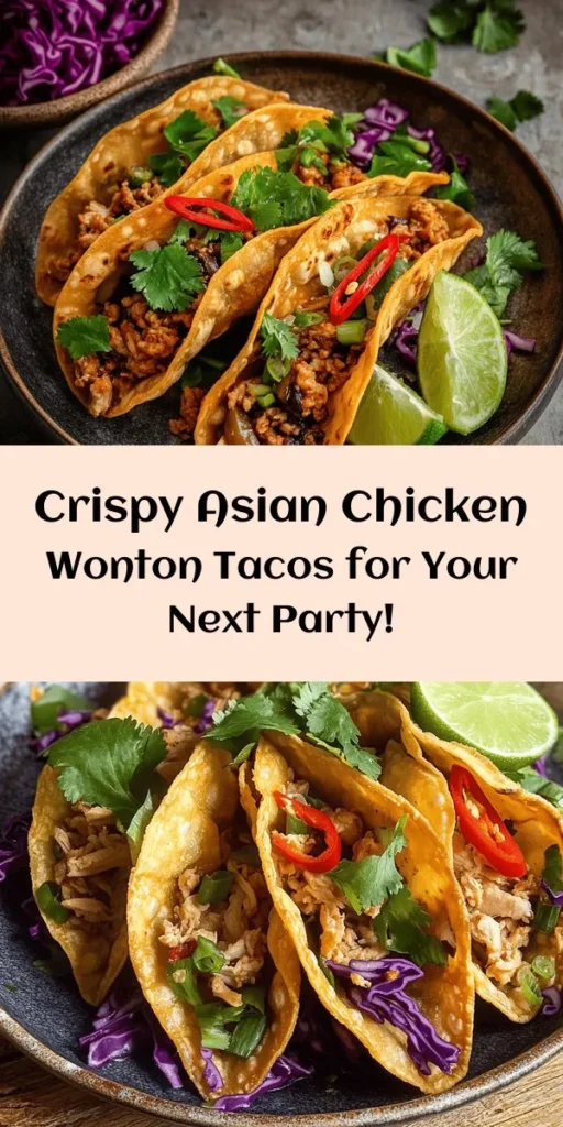 Looking for a fun and unique appetizer? Try these Asian Chicken Wonton Tacos! Packed with ground chicken, shiitake mushrooms, and a zesty blend of ginger and garlic, these crispy bites are sure to impress your guests. Easy to make with just a few simple steps, you can bake these savory tacos to golden perfection. Garnish with fresh cilantro, red chili, and a side of lime for extra flavor. Perfect for parties or game nights!
