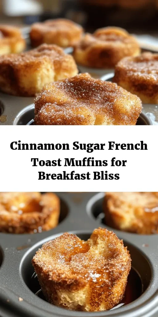 Indulge in the ultimate breakfast treat with these Cinnamon Sugar French Toast Muffins! Easy to make and joyfully delicious, they're perfect for using up day-old bread. Simply soak bread cubes in a creamy egg mixture, top with a sweet cinnamon sugar blend, and bake to golden perfection. These muffins are wonderfully fluffy inside, with a crispy, sugary crust outside. Serve warm for a delightful start to your day! Perfect for brunch or a cozy weekend breakfast.