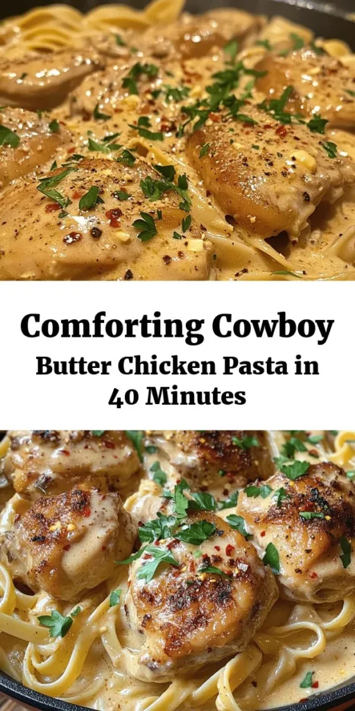 Indulge in the creamy goodness of Cowboy Butter Chicken Pasta, the ultimate comfort dish! This easy recipe features tender chicken thighs, rich butter, garlic, and a mix of spices, all tossed with fettuccine and a luscious Parmesan cream sauce. Perfect for busy weeknights or family gatherings, this dish is sure to impress. Garnish with fresh parsley and a dash of red pepper flakes for a little extra kick. Try it today and savor every bite!