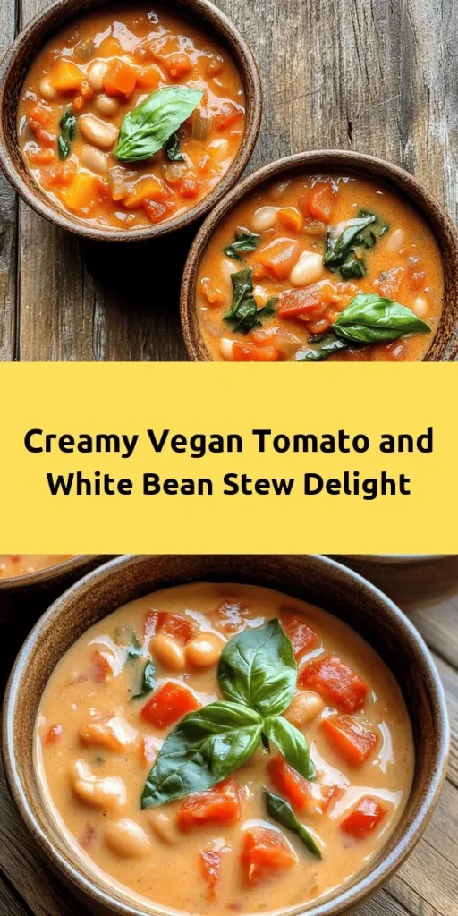 Warm up with this creamy vegan tomato white bean stew, perfect for chilly evenings! Bursting with flavors from sautéed veggies, garlic, and aromatic herbs, this comforting dish is made creamy with coconut milk and packed with protein from white beans. Easy to prepare in just 40 minutes, it’s a one-pot wonder that pairs beautifully with crusty bread or over rice. Enjoy a healthy, hearty meal that everyone will love, topped with fresh basil for a pop of color!