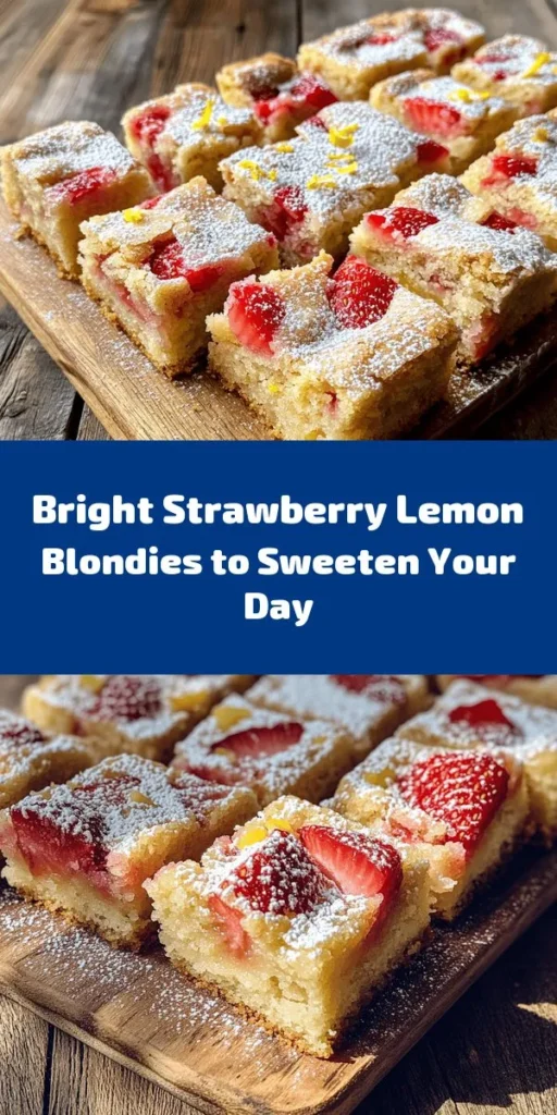 Indulge in the refreshing flavors of Strawberry Lemon Blondies! These delicious treats combine sweet strawberries with zesty lemon for a perfect balance. Made with melted butter, brown sugar, and a touch of vanilla, they're easy to whip up and bake in just 25-30 minutes. Serve them plain or with a dusting of powdered sugar for that extra touch. This recipe yields 16 squares of bliss—perfect for sharing or enjoying all on your own!