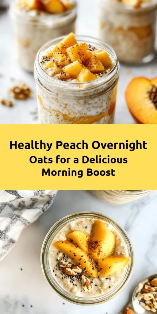 Start your morning off right with these irresistible Healthy Overnight Oats with Peaches! This simple recipe combines creamy rolled oats, almond milk, and chia seeds, all sweetened with ripe peaches and a touch of honey. Prepare in just 10 minutes and let them soak overnight for a convenient, nutritious breakfast. Customize with your favorite toppings like nuts or granola for extra flavor and crunch. Enjoy a delicious and healthy start to your day!