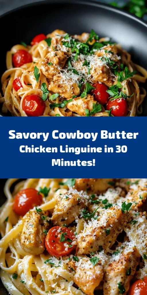 Whip up a delicious meal in no time with this Easy Cowboy Butter Chicken Linguine! This recipe features tender chicken coated in a flavorful butter and garlic sauce, tossed with linguine and fresh cherry tomatoes. Perfect for a weeknight dinner, it’s quick to prepare and packed with taste. Just boil your pasta, sear the chicken, and combine all the ingredients for a creamy, dreamy dish. Great for impressing guests or treating yourself! Serve with Parmesan and parsley for extra flair. Enjoy!