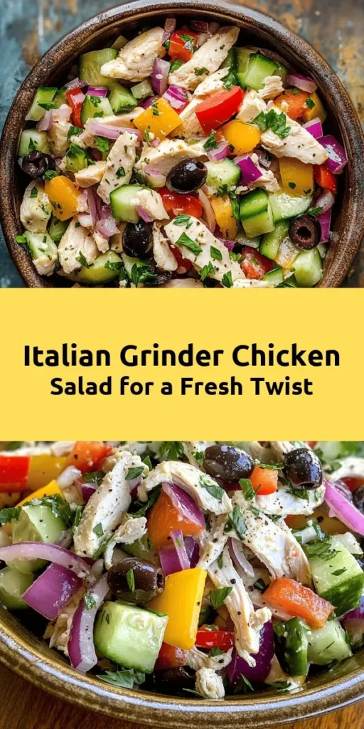 Try this delicious Italian Grinder Chicken Salad for a fresh and flavorful meal! Packed with shredded chicken, provolone cheese, crunchy cucumbers, and colorful bell peppers, this salad is a perfect blend of textures and tastes. Tossed in a zesty dressing with oregano and garlic powder, it's simple to make and perfect for meal prep or a healthy lunch. Chill for 30 minutes to let the flavors develop, then enjoy! Perfect for 4-6 servings.