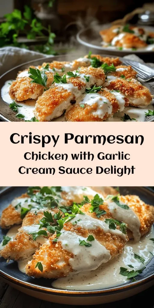 Enjoy a delicious dinner with this Crispy Parmesan Chicken topped with a dreamy garlic cream sauce! This recipe is simple to make and packed with flavor. Tender chicken breasts are breaded in a crunchy mix of Parmesan and panko, then fried to golden perfection. The rich garlic cream sauce adds a luxurious touch. Perfect for impressing family and friends, this dish is sure to become a weeknight favorite. Try it out and indulge in every bite!