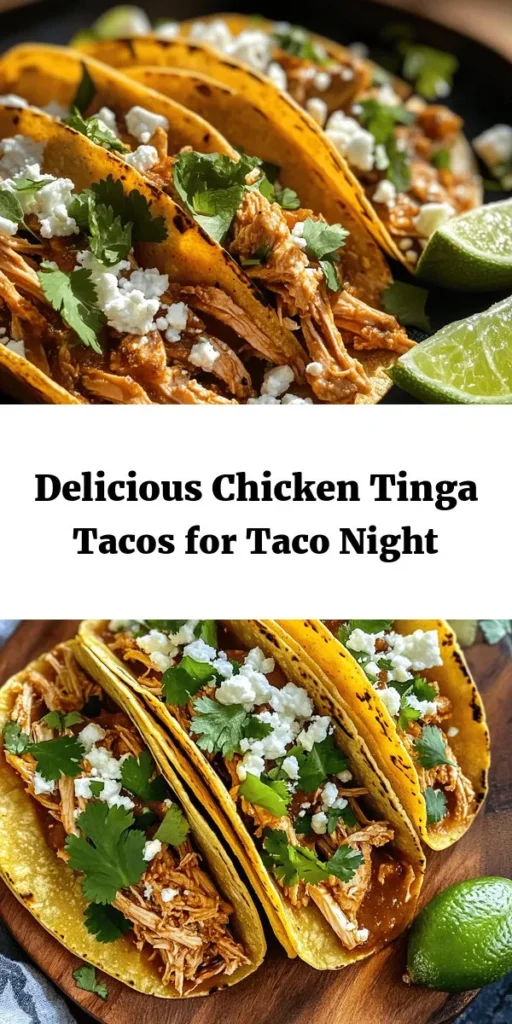 Discover the ultimate chicken tinga tacos that are bursting with flavor! This easy recipe features tender, shredded chicken thighs simmered in a deliciously spicy chipotle sauce, paired with warm corn tortillas. Top with fresh cilantro and crumbled queso fresco, and serve with zesty lime wedges for an irresistible meal. Perfect for taco night or any gathering, this dish is a crowd-pleaser that you'll want to make again and again! Enjoy the taste of Mexico at home!