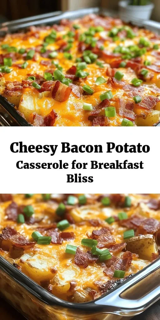 Start your day off right with this delicious Cheesy Bacon Potato Breakfast Casserole! Loaded with crispy bacon, tender breakfast potatoes, and gooey cheddar cheese, this hearty dish is perfect for brunch or breakfast gatherings. Easy to make, simply sauté your ingredients, mix in a creamy egg mixture, and bake to perfection. Garnish with green onions for added flavor. Serve warm and enjoy a delicious start to your morning!