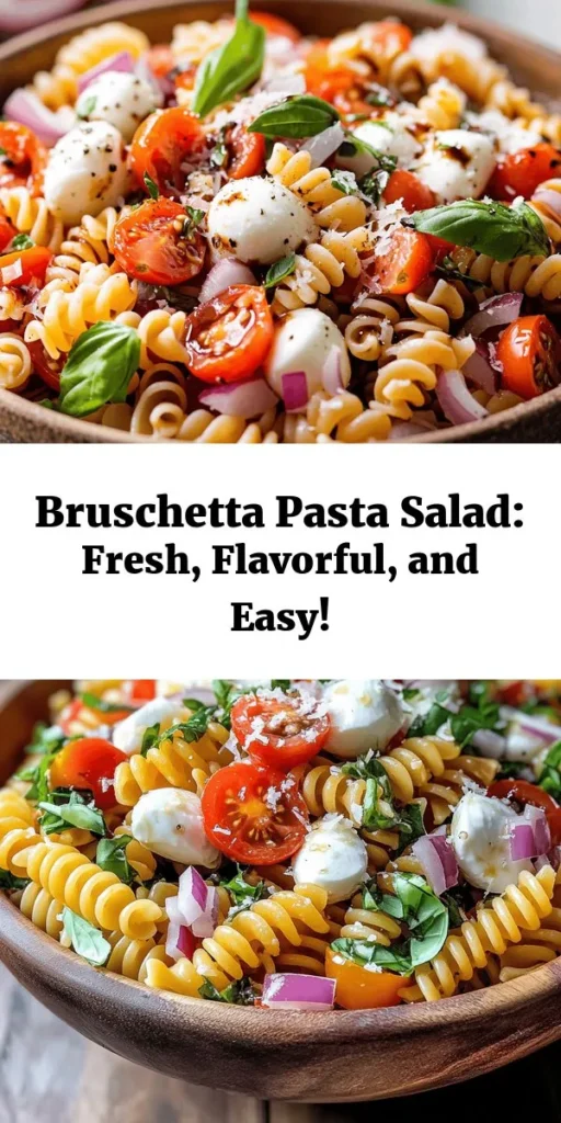 Elevate your pasta game with this Delicious Bruschetta Pasta Salad! This colorful dish features tri-color rotini tossed with vibrant cherry tomatoes, creamy mozzarella, fresh basil, and zesty red onion. Drizzled with a balsamic dressing, it’s perfect for a light lunch or a crowd-pleasing side. Quick to prep in just 15 minutes, you’ll love how the flavors come together. Top with Parmesan for an extra touch and enjoy! Perfect for meal prep or a picnic!
