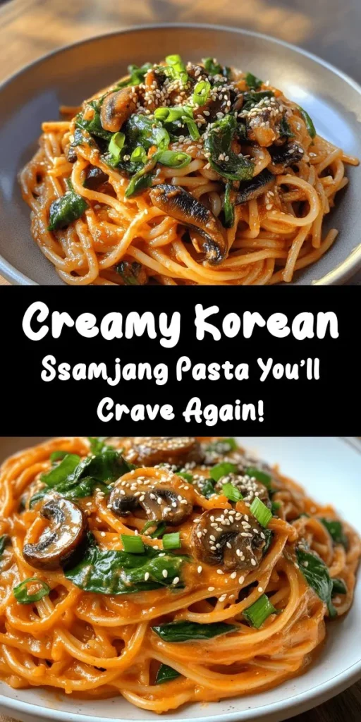 Discover a delightful twist on pasta with this creamy Korean Ssamjang pasta recipe! This unique dish combines spaghetti with rich ssamjang sauce, heavy cream, and umami-packed shiitake mushrooms, finished off with fresh baby spinach. It's quick to prepare, taking just 30 minutes from start to finish, and sure to impress your taste buds. Perfect for a cozy dinner or a fun weeknight meal. Garnish with sesame seeds and green onions for extra flavor!