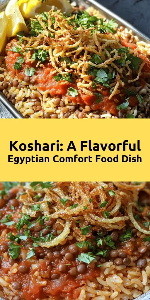 Discover the vibrant flavors of Egypt with this delicious Koshari Delight recipe! Packed with lentils, rice, and elbow macaroni, this one-pot meal is layered with a savory tomato sauce and topped with crispy fried onions, creating a perfect harmony of textures. Serve it with fresh parsley and zesty lemon wedges for a refreshing finish. Perfect for family dinners or impressing guests, this dish is a true taste of Egyptian cuisine!