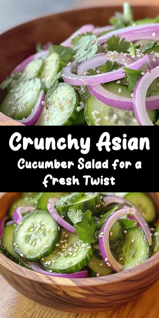 Brighten up your meal with this Refreshing Asian Cucumber Salad! Made with crisp cucumbers, red onions, and a tangy dressing of rice vinegar, soy sauce, and sesame oil, it's a perfect side dish or healthy snack. The addition of ginger, garlic, and fresh herbs adds depth to the flavor, while a sprinkle of sesame seeds gives it a lovely crunch. Chill it for at least 15 minutes to let the ingredients blend beautifully. Enjoy this quick and easy recipe that serves four!