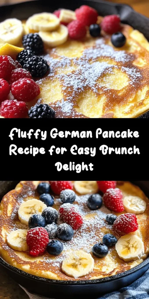 Indulge in the delight of a fluffy baked German pancake that's perfect for breakfast or brunch! With just six ingredients, this recipe is simple and quick, taking only 35 minutes from start to finish. Whip up a batter of eggs, milk, flour, and vanilla, then bake it in a hot buttered dish for that irresistible puff. Dust with powdered sugar, add a squeeze of fresh lemon juice, and serve with your favorite fruits for a delicious treat!