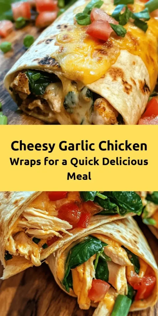 Treat yourself to these delicious Cheesy Garlic Chicken Wraps! Packed with shredded chicken, creamy cheese, and fresh veggies, they're perfect for a quick meal or a tasty snack. With just a few simple steps, you can create crispy, golden wraps that are sure to impress. Serve them warm with your favorite dipping sauce for an extra burst of flavor. Ideal for weeknights or casual gatherings, this recipe is a winner! Enjoy the cheesy, savory goodness!