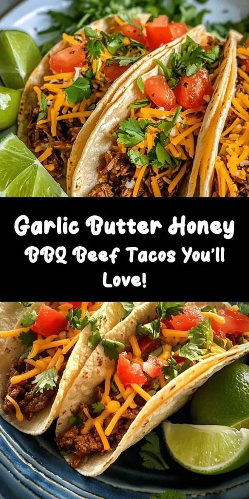 Try these delightful Garlic Butter Honey BBQ Beef Tacos for a quick and flavorful meal! Made with ground beef sautéed in garlic and butter, then combined with honey and BBQ sauce for the ultimate sweet and savory mix. Assemble in warm tortillas topped with fresh lettuce, tomatoes, and cheese for a perfect bite. Ready in just 30 minutes, these tacos are an easy dinner solution that everyone will love. Don't forget the lime wedges for an extra zing!