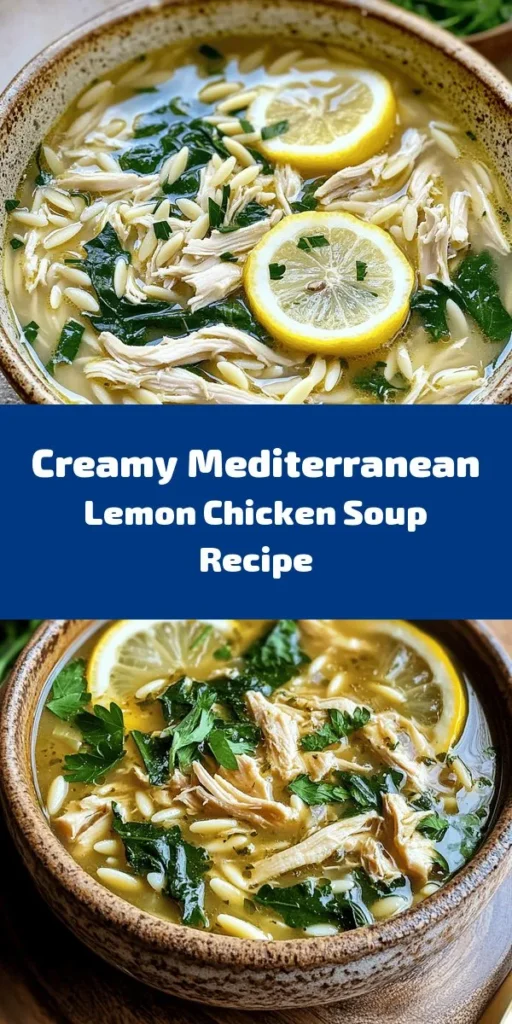 Warm up with a bowl of Mediterranean Lemon Chicken Soup, a creamy and comforting dish that captures the essence of sunshine. Packed with tender chicken thighs, fresh vegetables, and orzo pasta, this soup is bursting with flavor thanks to zesty lemons and aromatic herbs. Perfect for chilly nights, it's quick to prepare in just 35 minutes. Garnish with fresh parsley for an extra pop of color and flavor. Enjoy a taste of the Mediterranean any night of the week!