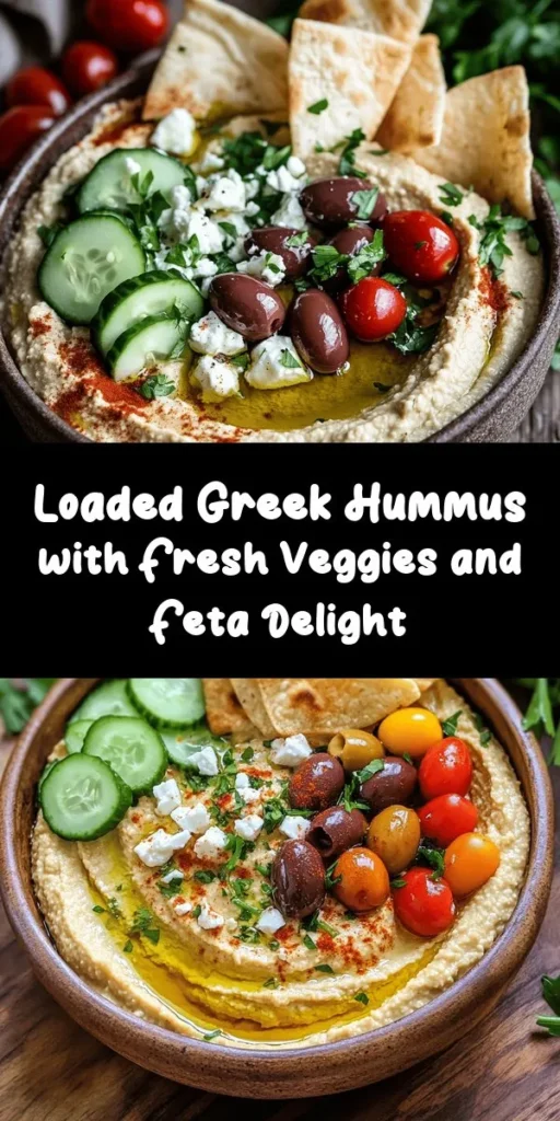 Discover a simple and delicious Greek Style Loaded Hummus recipe that transforms your snack time! This vibrant dip is made with creamy chickpeas, tahini, and fresh veggies like cucumbers and cherry tomatoes, topped with tangy feta and smoked paprika. Perfect for sharing, serve it with pita chips for a flavorful, healthy treat. Ready in just 15 minutes, this hummus is a crowd-pleaser that will elevate any gathering!