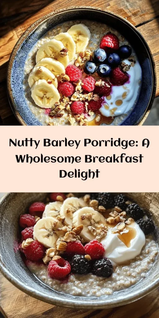 Start your day with a warm and nutritious Nutty Breakfast Barley Porridge! This delightful recipe combines pearl barley with creamy almond milk, a touch of maple syrup, and a sprinkle of cinnamon for a cozy flavor. Packed with protein from nuts and topped with fresh fruits, it's a wholesome breakfast option. Easy to prepare and perfect for family mornings, enjoy it with a dollop of yogurt or a splash of cream for an extra treat!