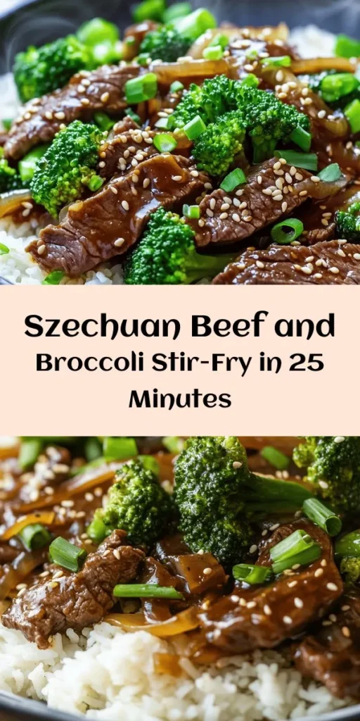 Elevate your dinner game with this delicious Szechuan Beef & Broccoli Delight! This easy recipe features tender flank steak marinated in soy sauce and sesame oil, paired with vibrant broccoli, aromatic garlic, and ginger. Stir-fried to perfection, it's coated in a savory sauce and served over rice or noodles for a comforting meal. With quick prep and cooking times, you can have this flavorful dish ready in just 25 minutes. Don't forget the sesame seeds and green onions for a perfect garnish!
