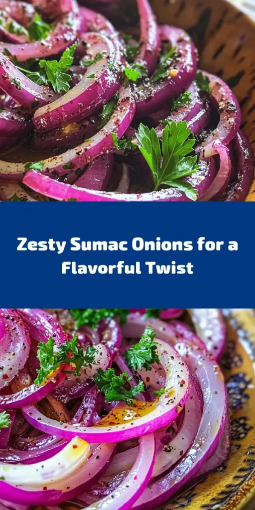 Brighten up your meals with these Zesty Sumac Onions! This quick and easy recipe features thinly sliced red onions marinated in olive oil, sumac, and fresh lemon juice for a tangy kick. After just 30 minutes, you'll have a flavorful condiment perfect for grilled meats, salads, or mezze platters. Garnished with parsley, these vibrant onions add a delightful twist to any dish. Try them today and elevate your taste experience!