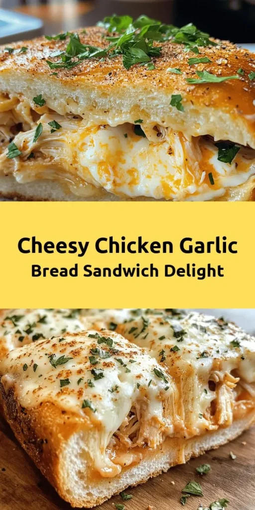 Indulge in this mouthwatering Cheesy Chicken Garlic Bread Sandwich! Perfect for a quick lunch or dinner, this recipe features crispy garlic bread filled with a delicious mixture of tender chicken, melty mozzarella, and rich cream cheese, all spiced with flavorful herbs. In just 30 minutes, you can create two hearty sandwiches that will satisfy your craving for cheesy goodness. Top with fresh herbs for an extra touch and enjoy every bite!