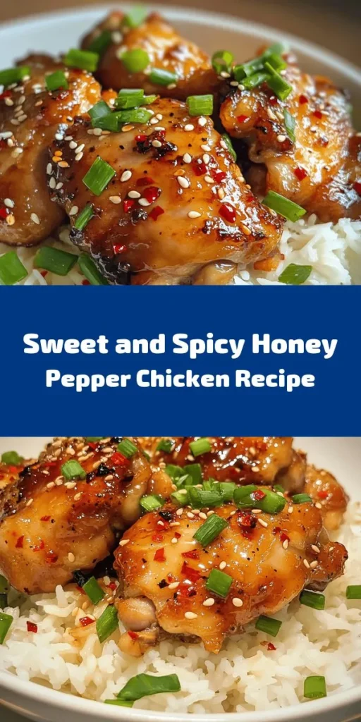 Looking for a delicious meal that's both sweet and spicy? Try this Sweet and Spicy Honey Pepper Chicken! Made with juicy chicken thighs marinated in a flavorful blend of honey, soy sauce, garlic, and red pepper flakes, this dish is sure to impress. Cooked to perfection and glazed for extra flavor, it's perfect served over rice or alongside veggies. Ready in just 50 minutes, it's a quick and satisfying option for any night of the week!