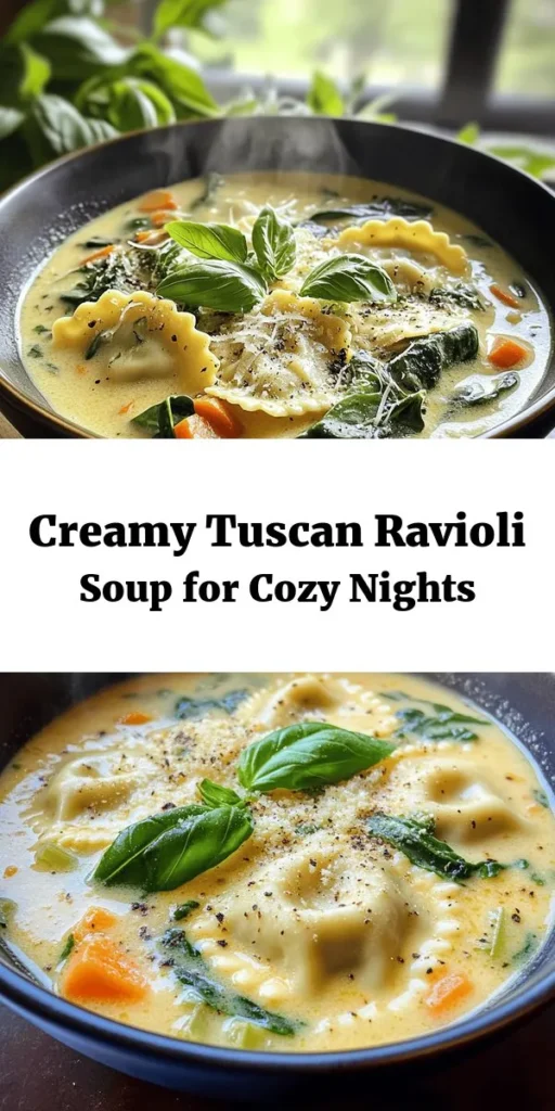 Warm up with this comforting Creamy Tuscan Ravioli Soup! Made with fresh vegetables, aromatic herbs, and rich heavy cream, this easy recipe comes together in just 30 minutes. Perfect for weeknight dinners, this soup is loaded with cheese ravioli and spinach, creating a delightful and hearty meal. Serve it topped with grated Parmesan and fresh basil for an extra touch. Your family will love this creamy, flavorful dish!