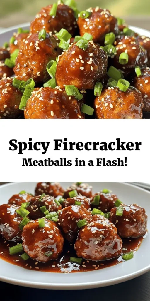 Make dinner a blast with these easy firecracker meatballs! Perfectly spiced and sauced, this recipe features ground beef or turkey mixed with savory ingredients like Parmesan and fresh parsley. Baked until golden, they're tossed in a sweet and spicy firecracker sauce that you can customize to your heat preference. Garnish with green onions and sesame seeds for an extra pop. Ideal for a weeknight meal or a tasty appetizer, these meatballs will keep everyone coming back for more!
