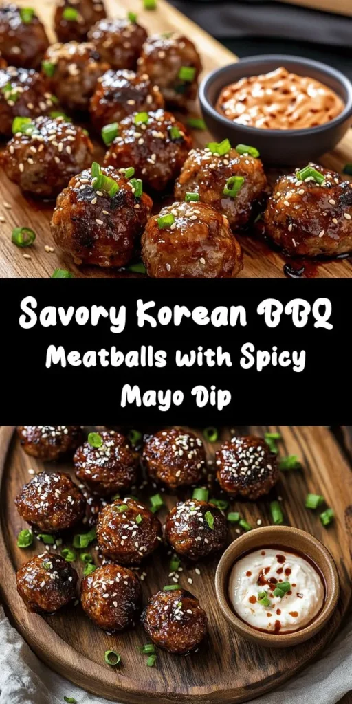 Elevate your appetizer game with these delicious Korean BBQ Meatballs paired with a zesty Spicy Mayo Dip! They're easy to make, featuring a savory blend of ground beef, rice, green onions, and Korean flavors like gochujang and sesame oil. Baked to perfection and served with a creamy dip, they are perfect for parties or family gatherings. Enjoy this delightful fusion of taste in just 40 minutes! Try this recipe today!