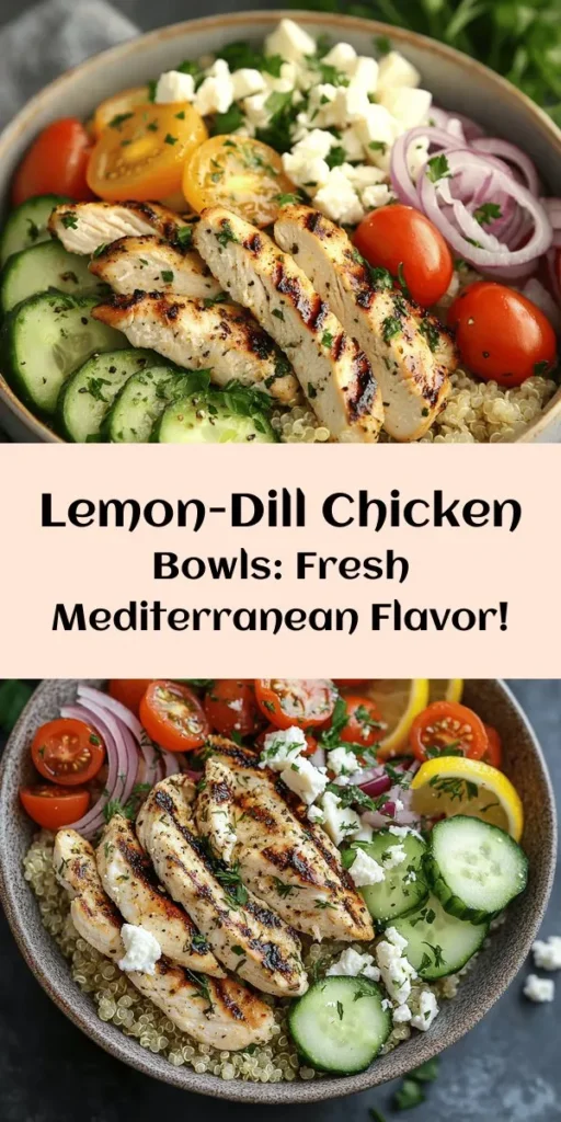 Elevate your mealtime with these Mediterranean-Inspired Lemon-Dill Chicken Bowls! This vibrant dish features juicy marinated chicken, fluffy quinoa, and fresh veggies like cherry tomatoes and cucumber, all topped with crumbled feta. Perfect for meal prep or a refreshing dinner, it combines effortless prep with delightful flavors. Whip these up in just an hour for a nutritious meal that’s both satisfying and colorful. Enjoy a taste of the Mediterranean!