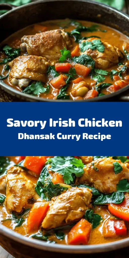Discover the flavors of Ireland with this Hearty Irish Chicken Dhansak Curry! This delicious dish combines tender chicken thighs with aromatic spices, red lentils, and creamy coconut milk for a warming meal. Perfect for a cozy dinner, it’s easy to make and packed with nutritious ingredients like spinach and vibrant veggies. Serve it over rice or with naan for a complete feast. Garnish with fresh cilantro and lime for a burst of flavor!