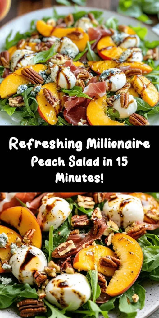 Elevate your salad game with this delicious Millionaire Peach Salad! Combining ripe peaches, peppery arugula, fresh mozzarella, and crispy prosciutto creates a perfect mix of flavors and textures. Topped with toasted pecans and crumbled blue cheese, this dish is both refreshing and satisfying. Drizzled with honey-balsamic dressing and garnished with fresh basil, it's ideal for a light meal or side at your next gathering. Easy to make in just 15 minutes!