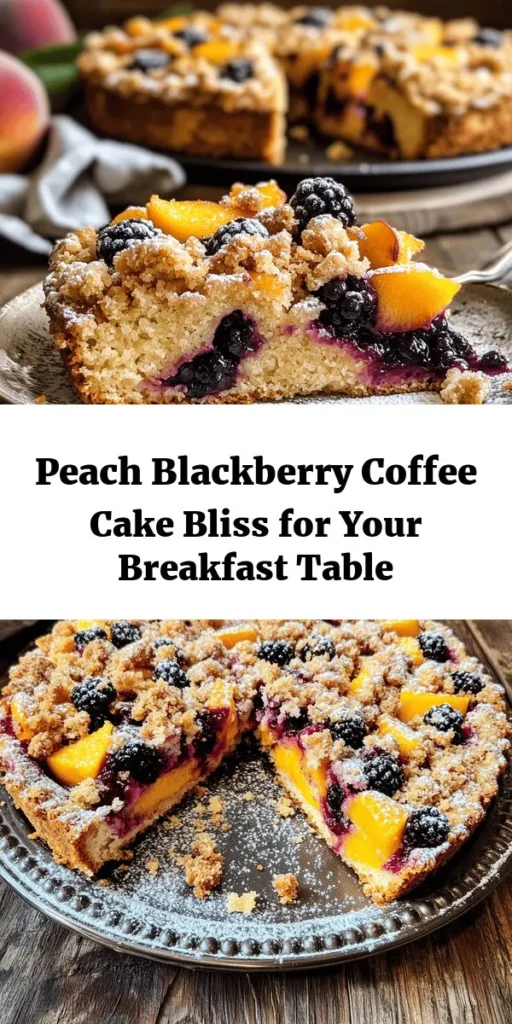 Indulge in the deliciousness of Peach Blackberry Coffee Cake Delight! This mouthwatering recipe combines fresh peaches and blackberries in a moist, fluffy cake that’s perfect for any occasion. Simple to make with pantry staples and a delightful brown sugar topping, it's an ideal treat to enjoy with your morning coffee or as a dessert. Bake it for 45-55 minutes, let it cool, dust with powdered sugar, and savor every bite! Perfect for sharing or enjoying solo!