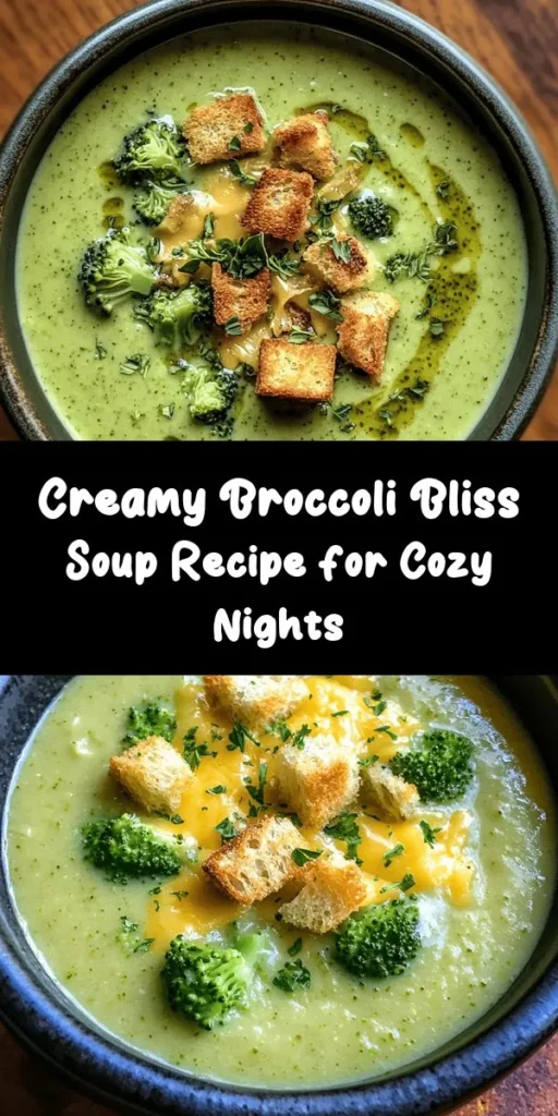 Warm up with a bowl of Creamy Broccoli Bliss Soup! This rich, cheesy delight is packed with fresh broccoli, savory garlic, and sharp cheddar for a comforting meal. Easy to make in just 40 minutes, it combines sautéed onions, a creamy roux, and your choice of milk or cream for that velvety texture we love. Perfect for chilly days, and feel free to add croutons or fresh herbs on top for an extra touch. Enjoy this nutritious and delicious soup with your loved ones!