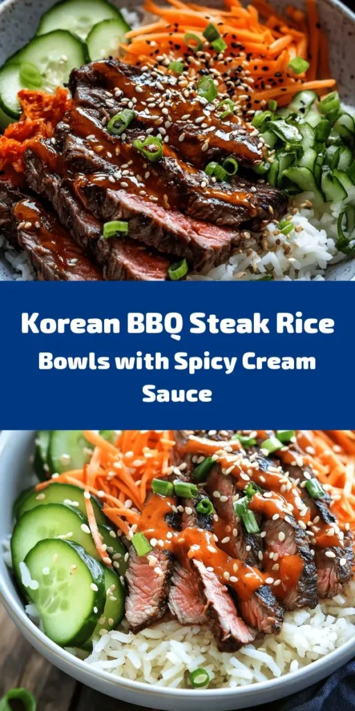 Get ready to indulge in these delicious Korean BBQ Steak Rice Bowls with Spicy Cream Sauce! This recipe features marinated flank steak grilled to perfection, served over fluffy jasmine rice with vibrant toppings like kimchi, cucumber, and carrots. The spicy cream sauce adds a delightful kick that ties everything together. Perfect for a quick and flavorful meal, this dish takes just 30 minutes to prepare. Enjoy a taste of Korea right at home!