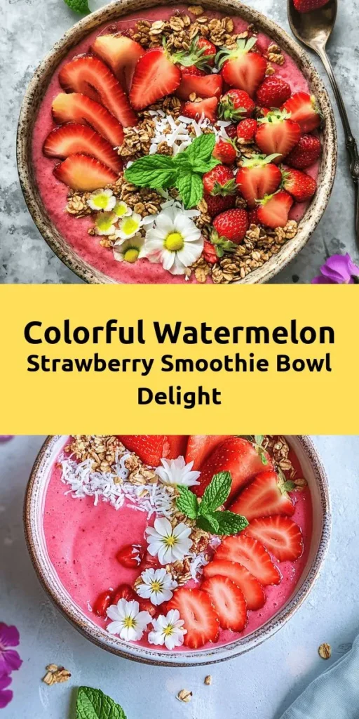 Cool off with this delightful Watermelon and Strawberry Smoothie Bowl! Perfect for hot summer days, this vibrant bowl is made with fresh, juicy watermelon, sweet strawberries, and creamy banana blended to perfection with coconut milk. Add a drizzle of honey and a sprinkle of chia seeds for extra nourishment. Top with colorful fruits, granola, and mint for a beautiful finish. Quick to make in just 10 minutes, it’s a refreshing treat you’ll love!