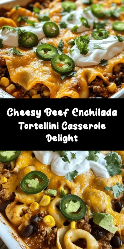 Satisfy your cravings with this cheesy beef enchilada tortellini! This comforting dish combines tender cheese tortellini, seasoned ground beef, black beans, and corn, all smothered in enchilada sauce. Topped with creamy sour cream and gooey cheddar cheese, it's baked to perfection for a bubbly and delicious meal. Perfect for family dinners or a cozy night in, serve it warm with fresh cilantro and optional jalapeños for an extra kick!