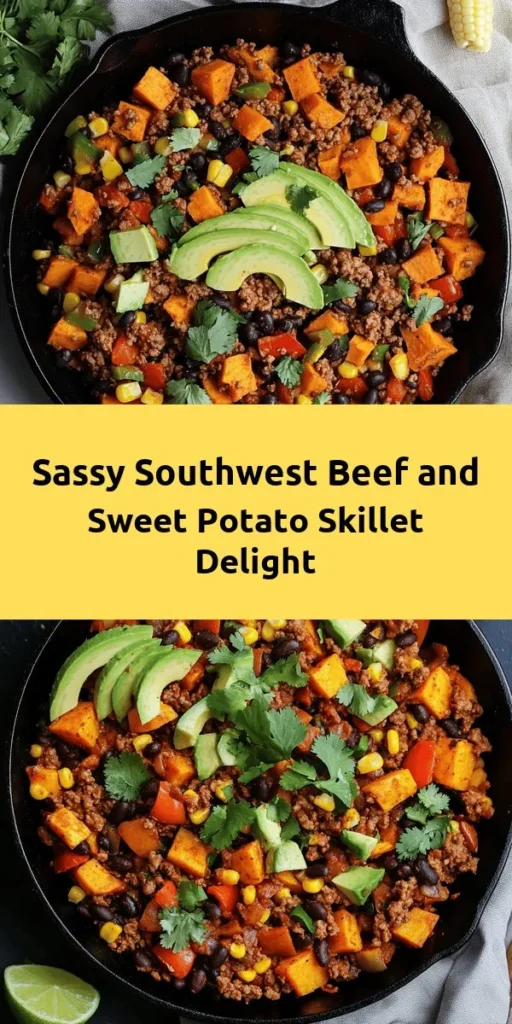 Discover the bold flavors of the Sassy Southwest Beef & Sweet Potato Skillet! This easy one-pan meal combines ground beef, sweet potatoes, black beans, and corn, all seasoned with chili powder and smoked paprika for a delightful kick. Perfect for a busy weeknight, it takes just 30 minutes to prepare. Top it with fresh cilantro, creamy avocado, and a squeeze of lime for a fresh finish. Enjoy this delicious, hearty dish that the whole family will love!